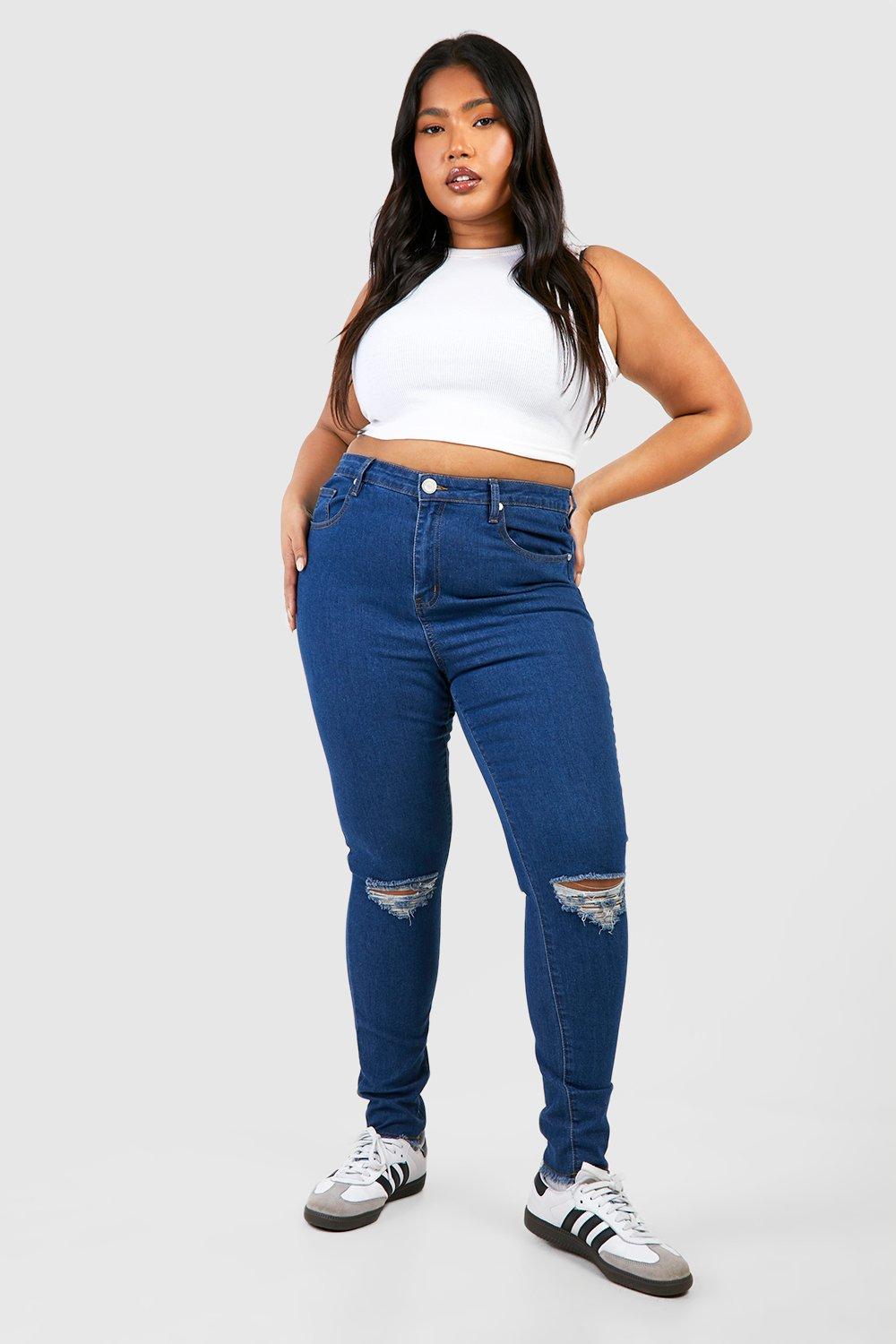 Image of Jeans Plus Size Skinny Fit in denim con strappi sul ginocchio e fondo sfilacciato, Grigio