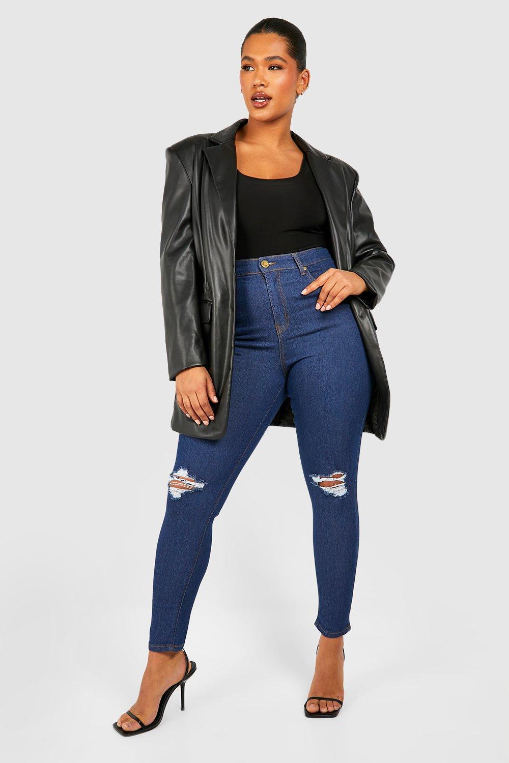 Womens Plus High Waisted Distressed Skinny Jeans - Blue - 26, Blue