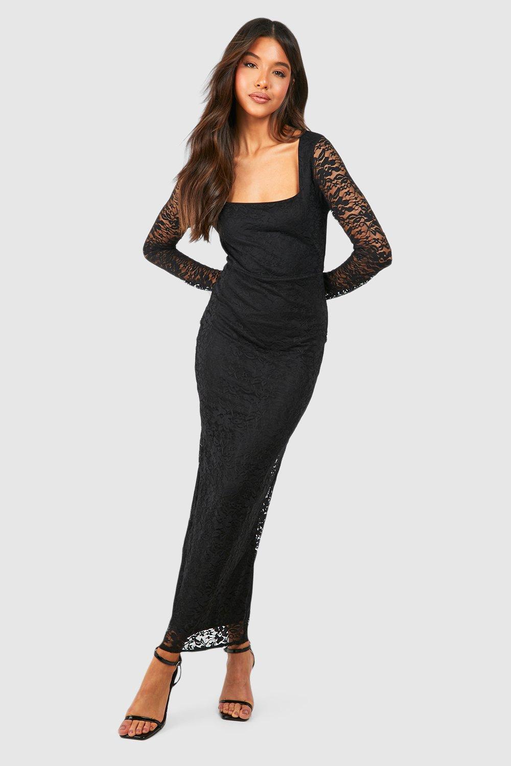 womens lace square neck midaxi dress - black - 14, black