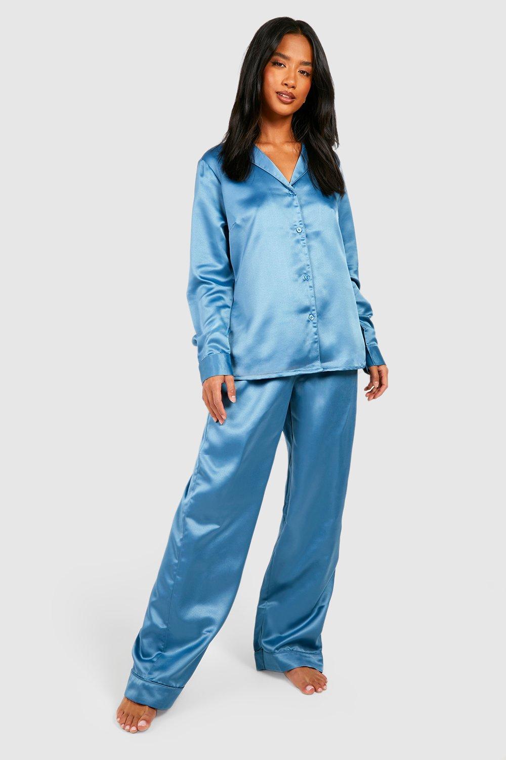 ASOS DESIGN satin shirt & trouser pyjama set with contrast piping in emerald  green