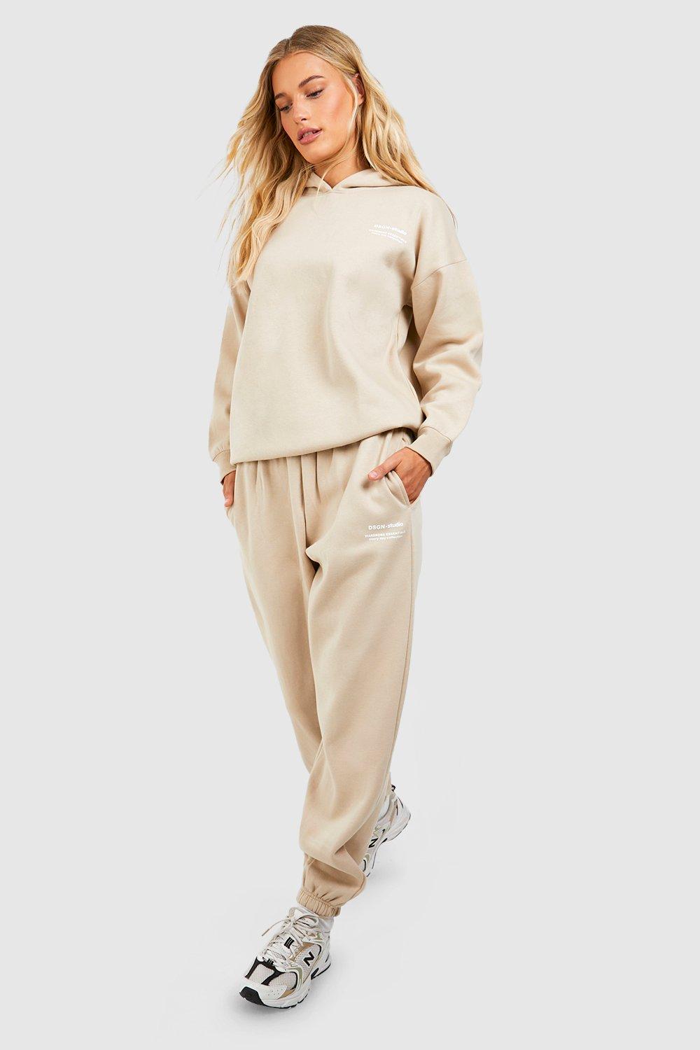 Womens Dsgn Studio Wardrobe Essentials Slogan Hooded Tracksuit - Beige - M, Beige