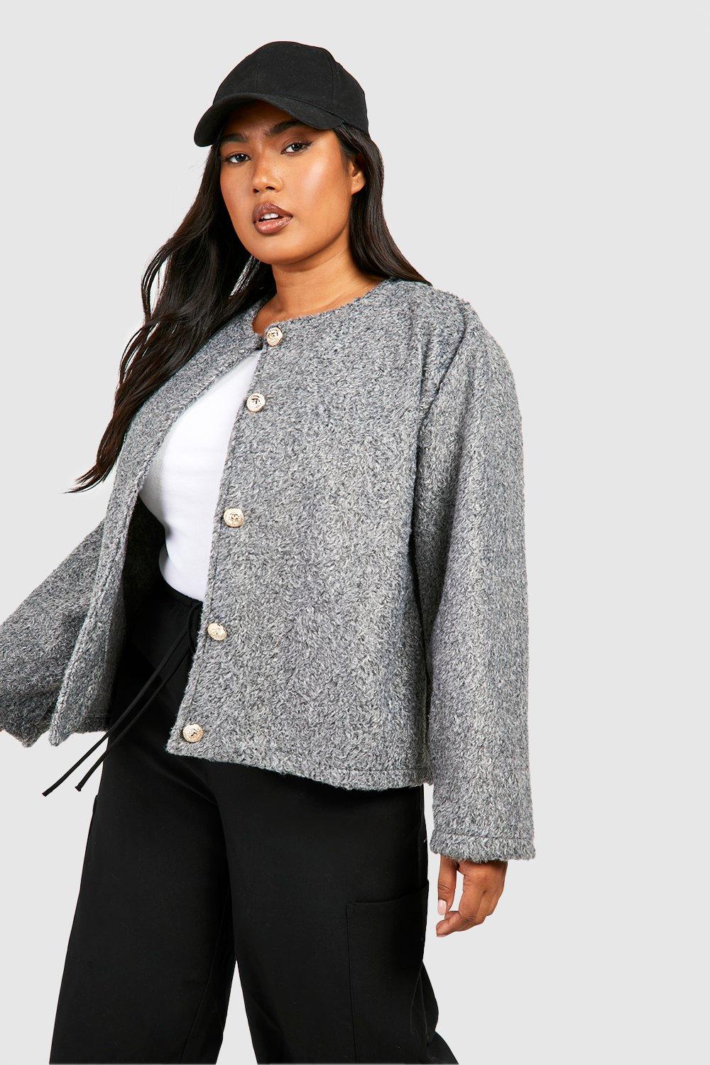 womens plus collarless textured jacket - grey - 16, grey