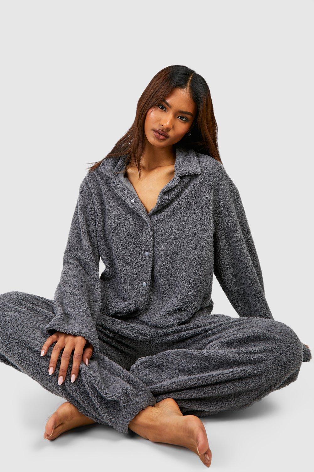 womens tall fluffy collared loungewear shirt - grey - 6, grey