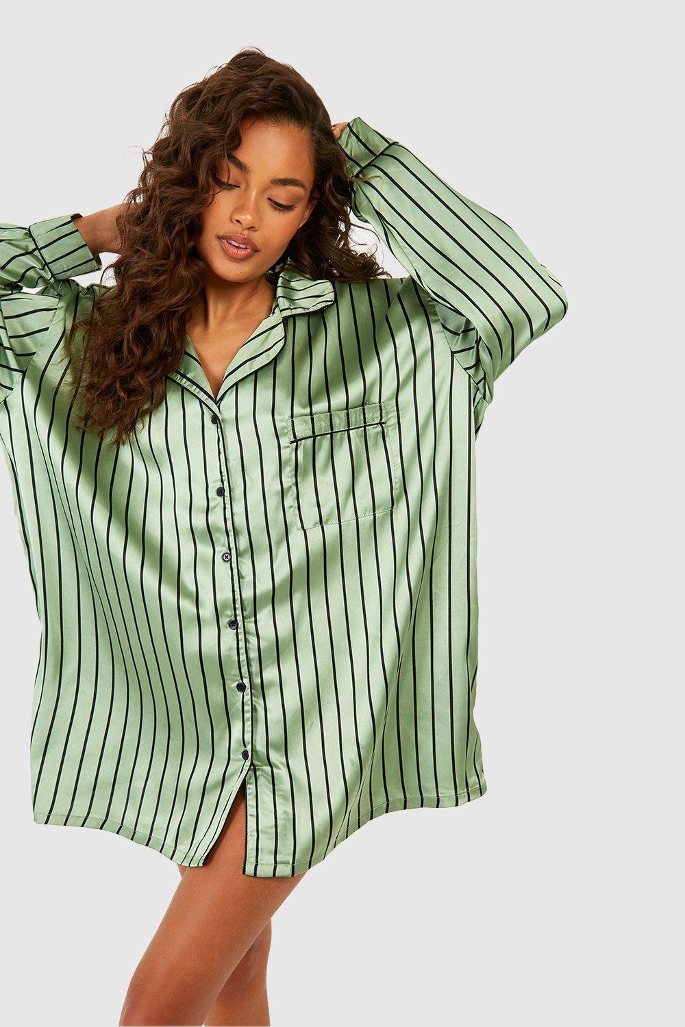 Womens Stripe Oversized Night Shirt - Green - 6, Green