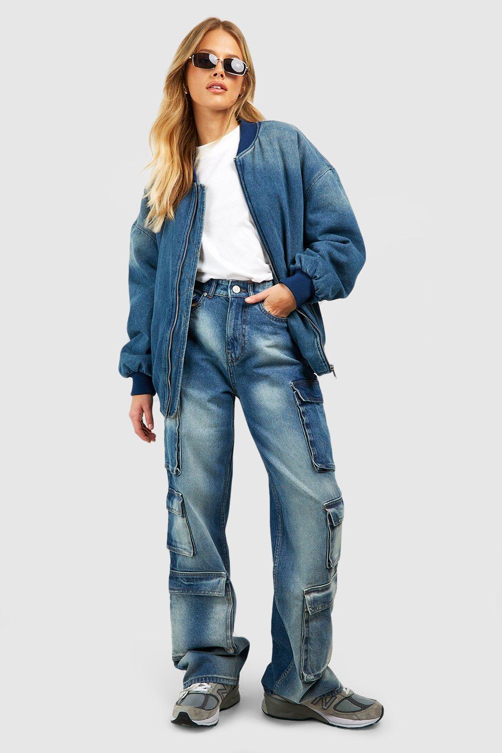 Image of Jeans Cargo extra comodi in lavaggio vintage con tasche multiple, Azzurro