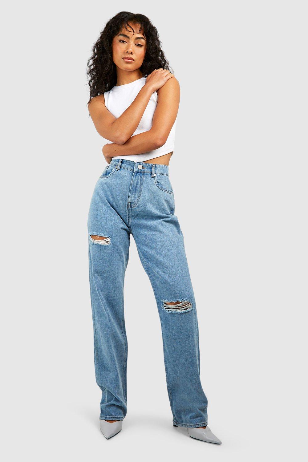 Boohoo Gescheurde Jeans Met Rechte Pijpen, Mid Blue