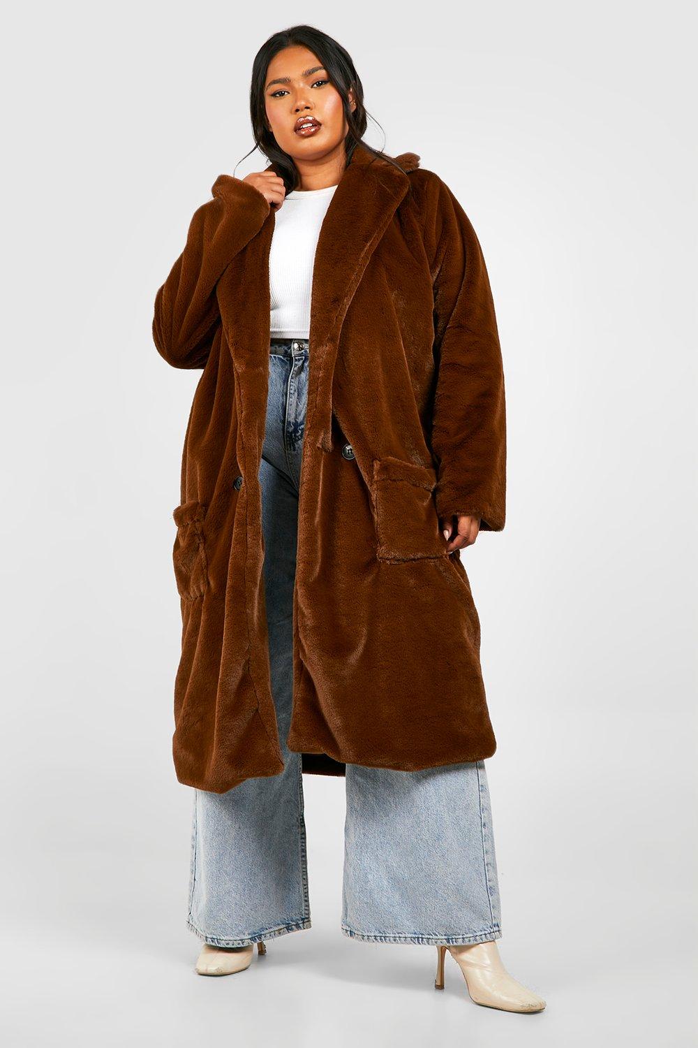 Plus Long Line Faux Fur Overcoat, Brown-Boohoo 1