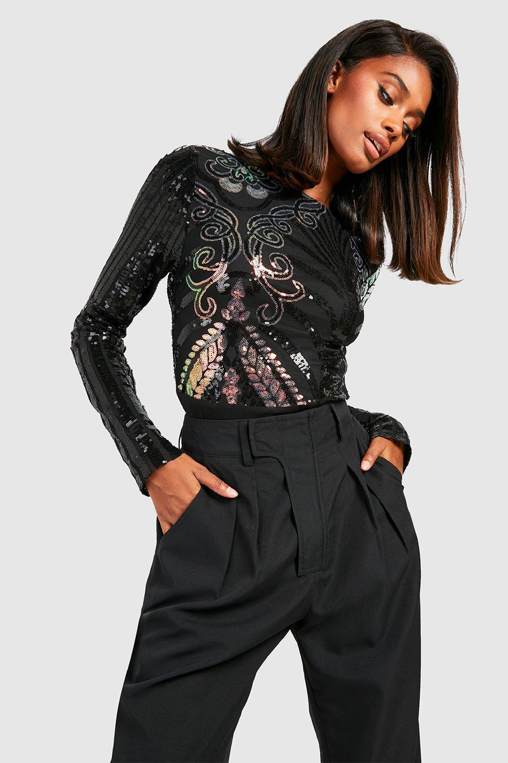 Image of Body damascato aperto sul retro con paillettes, Nero
