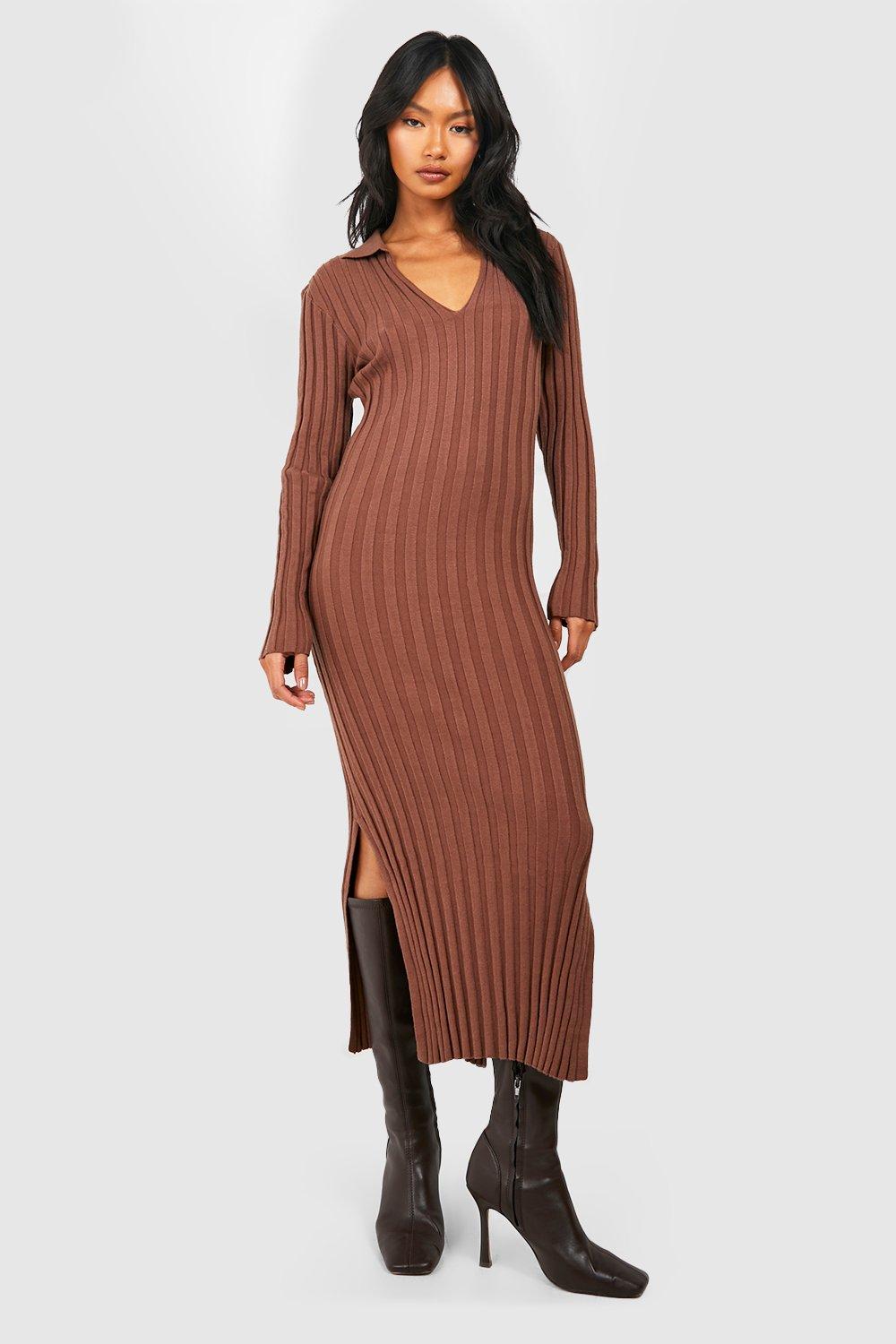 Womens Rib Knit Collar Detail Midaxi Dress - Brown - S, Brown