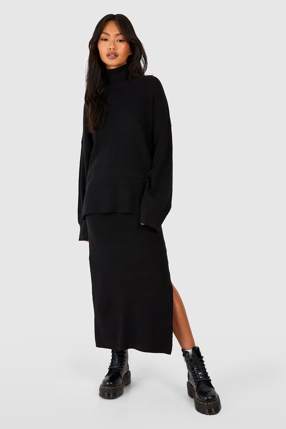 Boohoo Gebreide Fijn Gebreide Trui Met Col En Rok Set, Black