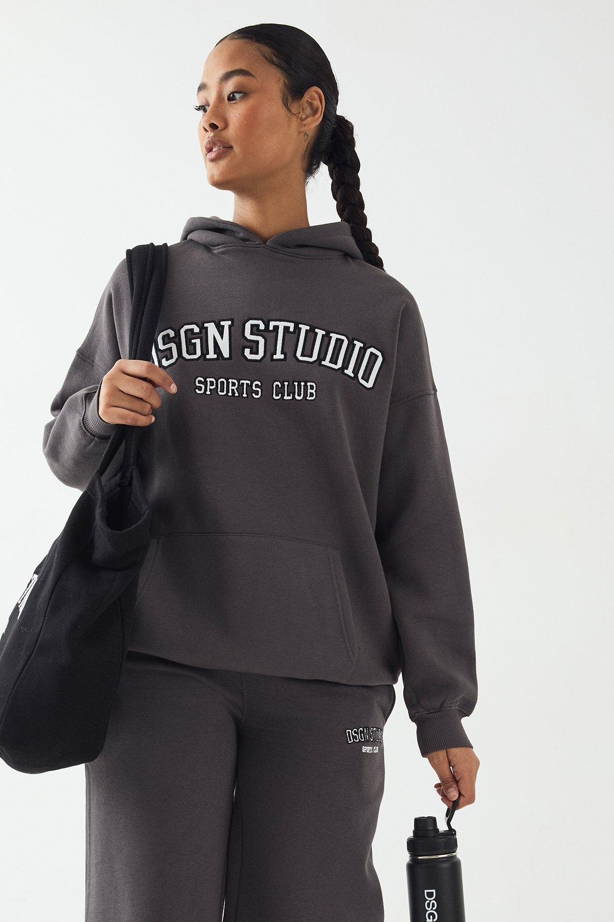 Image of Felpa oversize con applique Dsgn Studio e cappuccio, Grigio