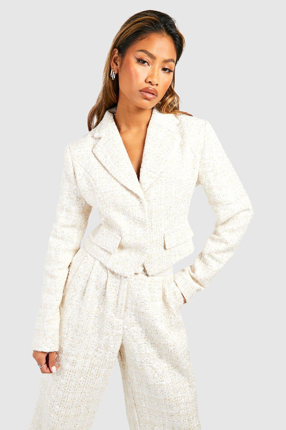 Boohoo Getailleerde Premium Bouclé Blazer Met Pailletten, Cream