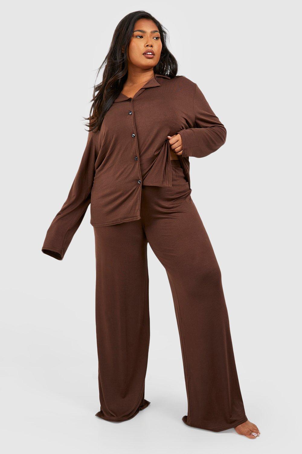 Image of Pantaloni pigiama Plus Size a gamba ampia in jersey effetto vellutato, Brown