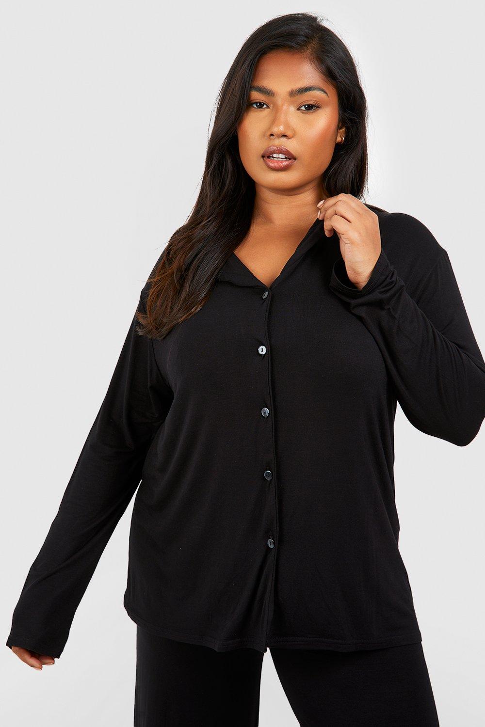 Image of Camicia pigiama Plus Size a maniche lunghe in jersey a effetto vellutato con bottoni, Nero