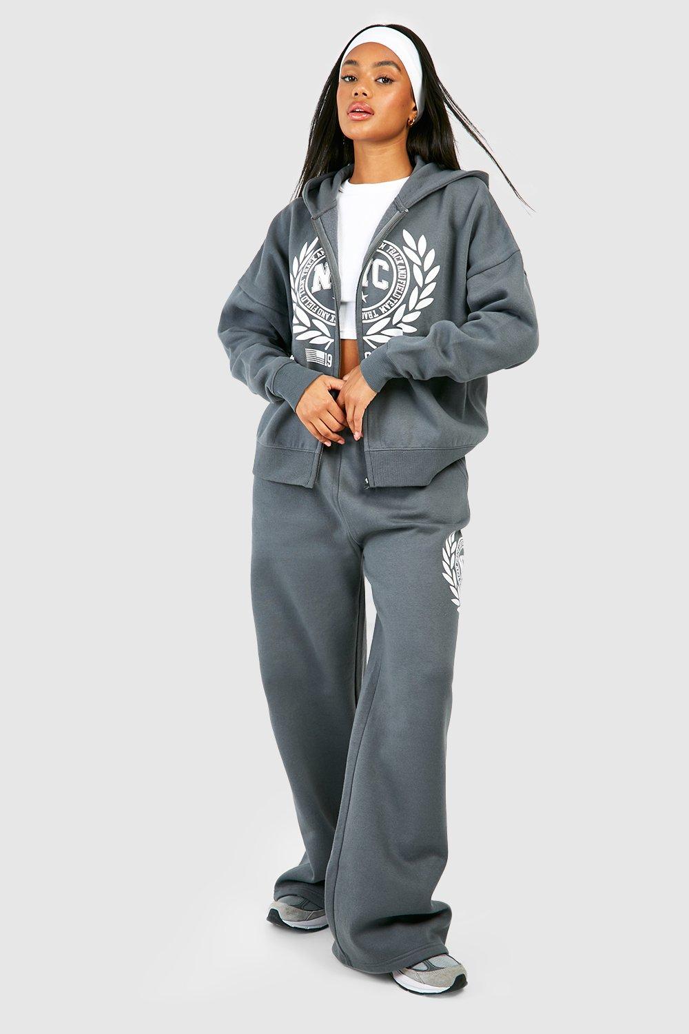 Womens Nyc Printed Zip Up Hoodie And Wide Leg Jogger Tracksuit - Grey - M, Grey