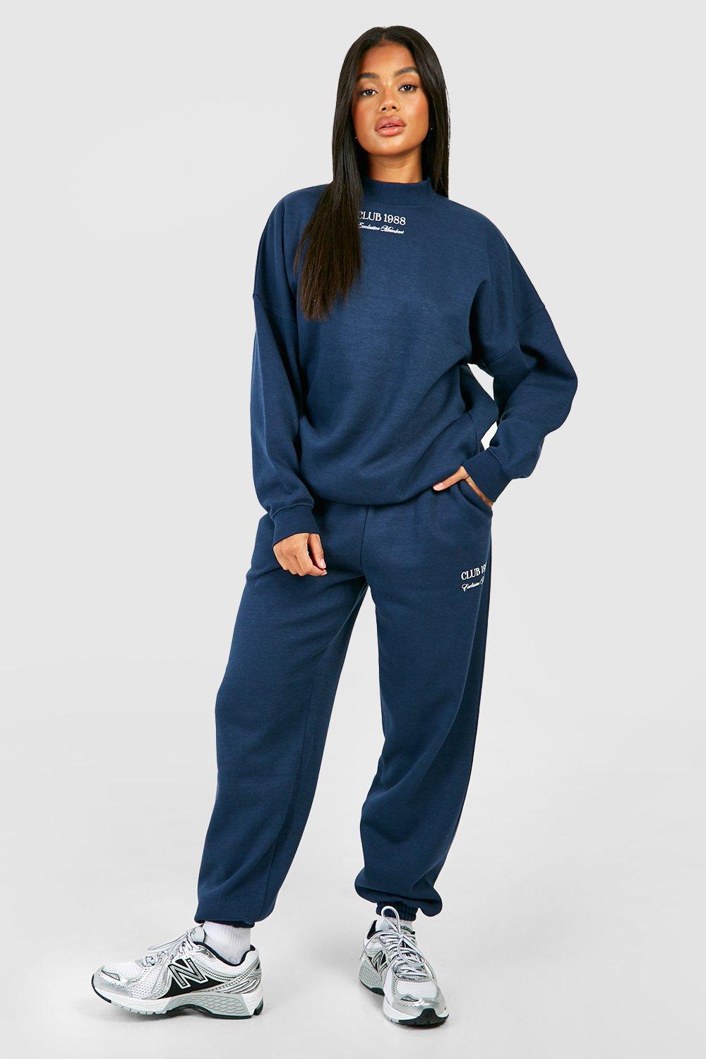 Womens Club 1988 Deep Neck Embroidered Sweatshirt Tracksuit - Navy - L, Navy