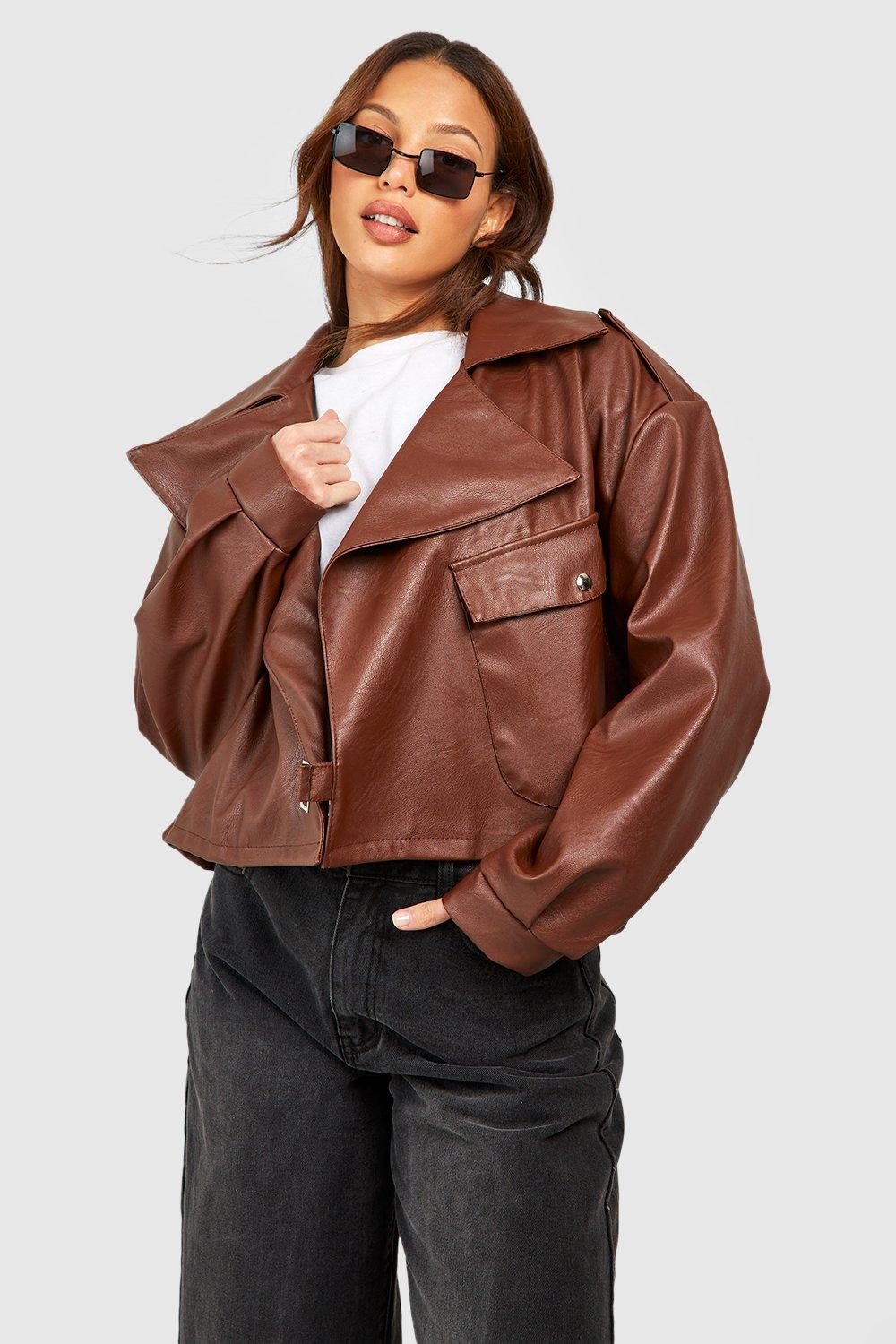 Womens Tall Textured Faux Leather Biker Jacket - Brown - 10, Brown