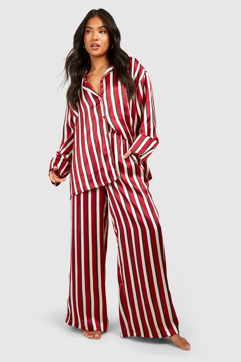 Womens Petite Satin Stripe Pyjama Set - Red - 14, Red