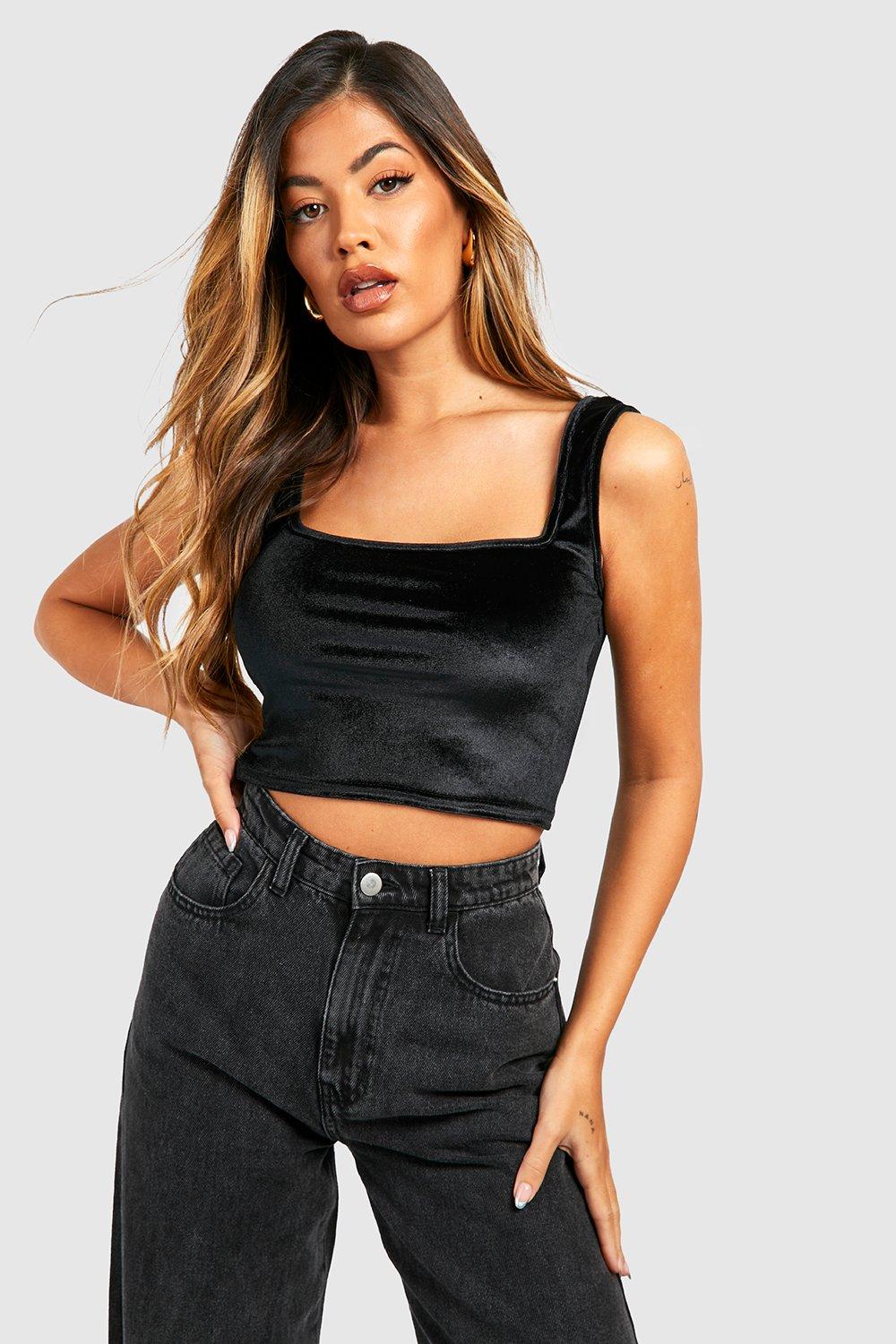 Boohoo Fluwelen Crop Top Met Vierkante Hals En Brede Bandjes, Black