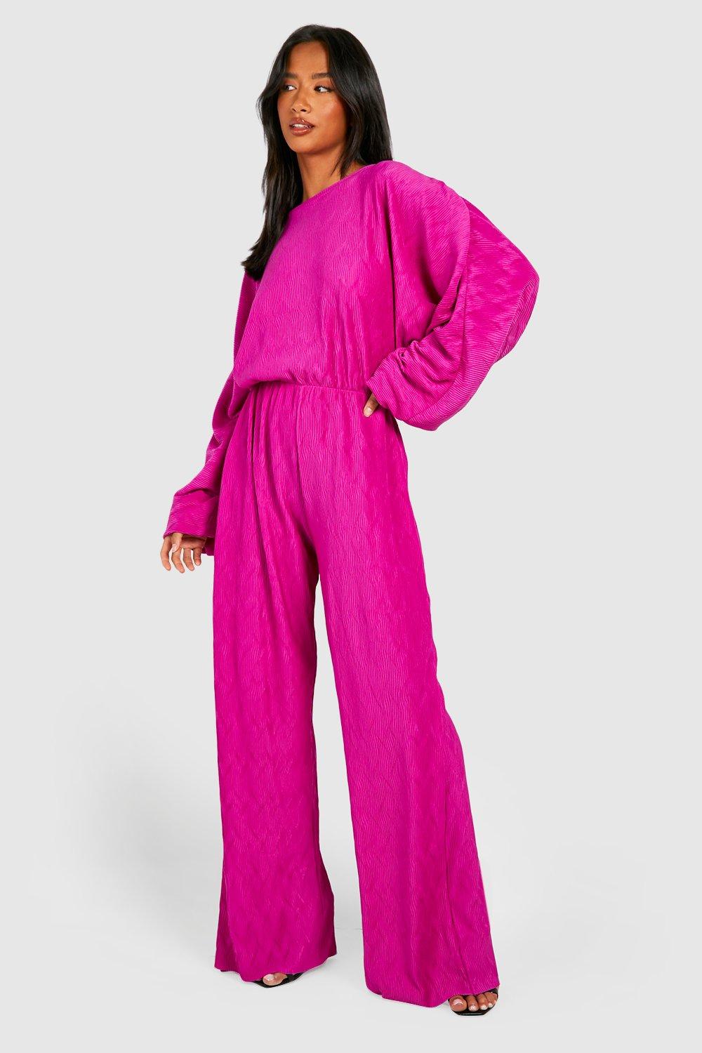 womens petite plisse batwing jumpsuit - pink - 14, pink