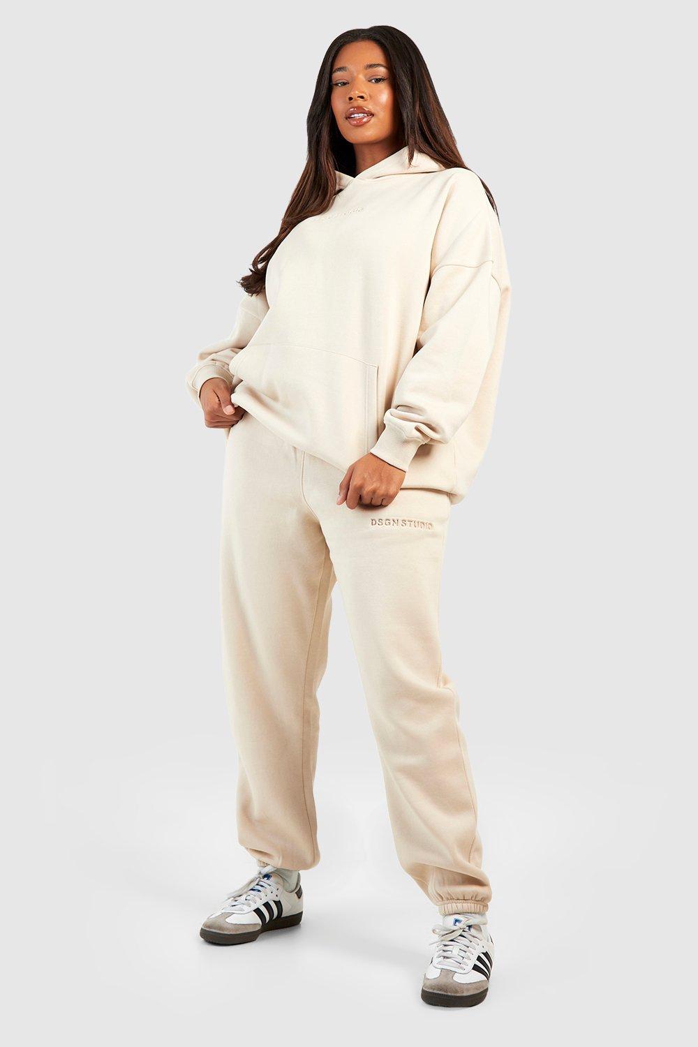 Womens Plus Dsgn Debossed Oversized Hoodie Tracksuit - Beige - 20, Beige