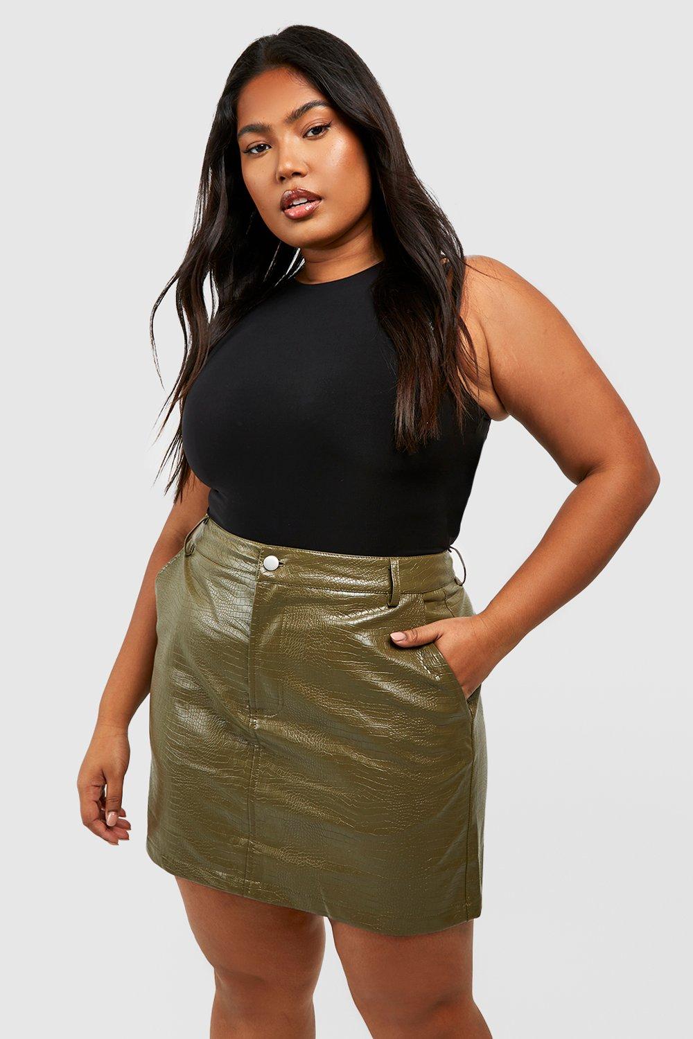 Boohoo Plus Pu Krokodillen Mini Rokje, Khaki