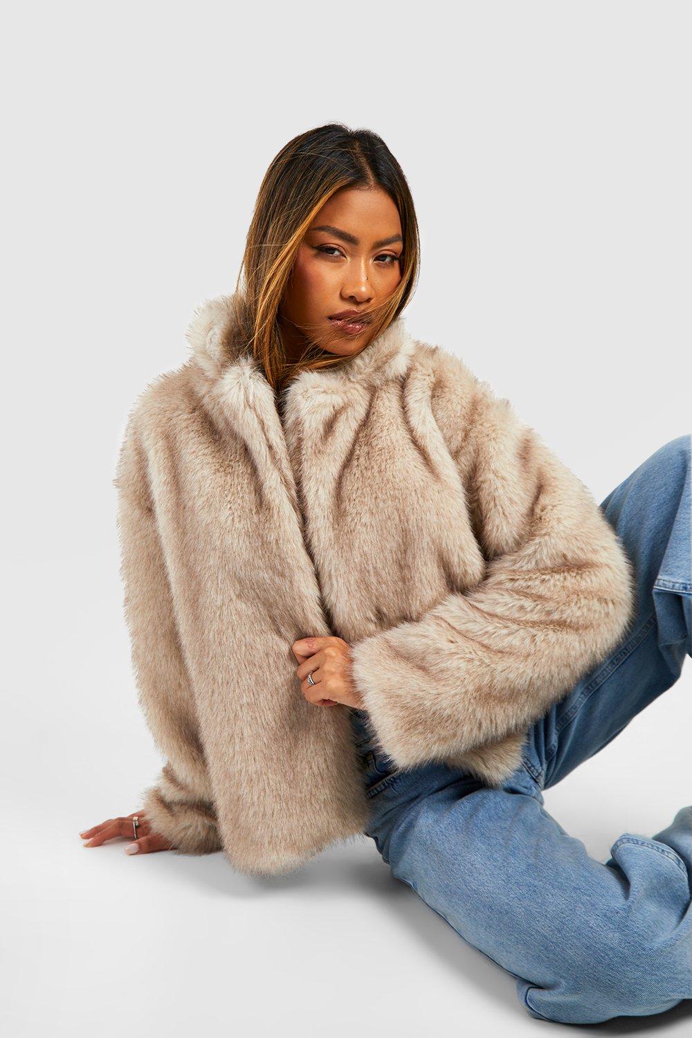 Boohoo Korte Premium Vintage Look Jas Met Faux Fur, Brown