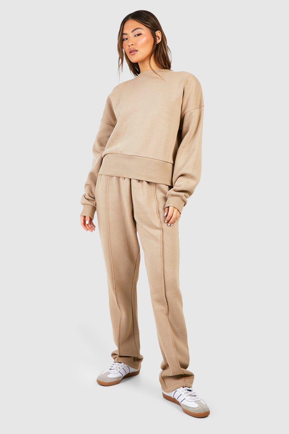 Womens Straight Leg Jogger Deep Waistband Sweatshirt Tracksuit - Beige - S, Beige