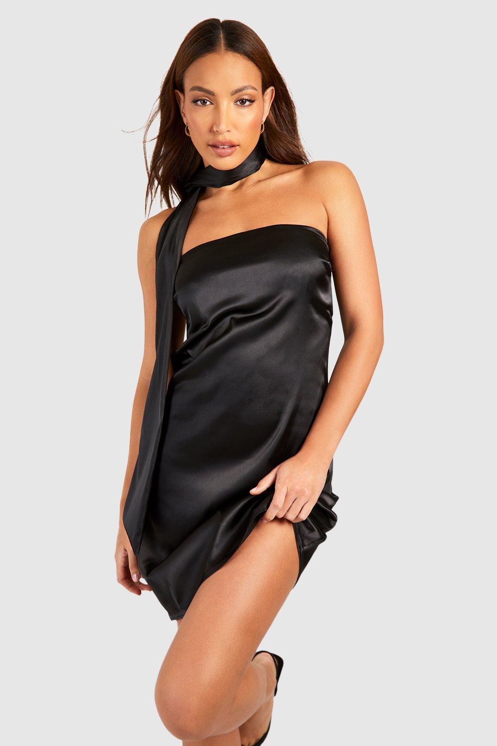 Womens Tall Satin Bandeau Mini Dress With Choker Necktie - Black - 6, Black
