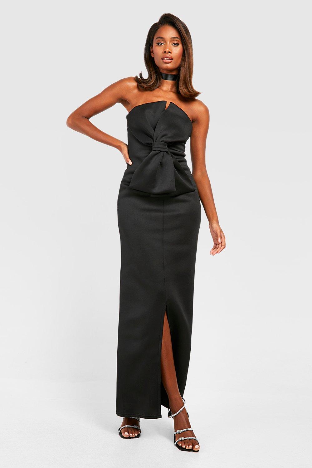 Womens Scuba Bow Bandeau Maxi Dress - Black - 12, Black