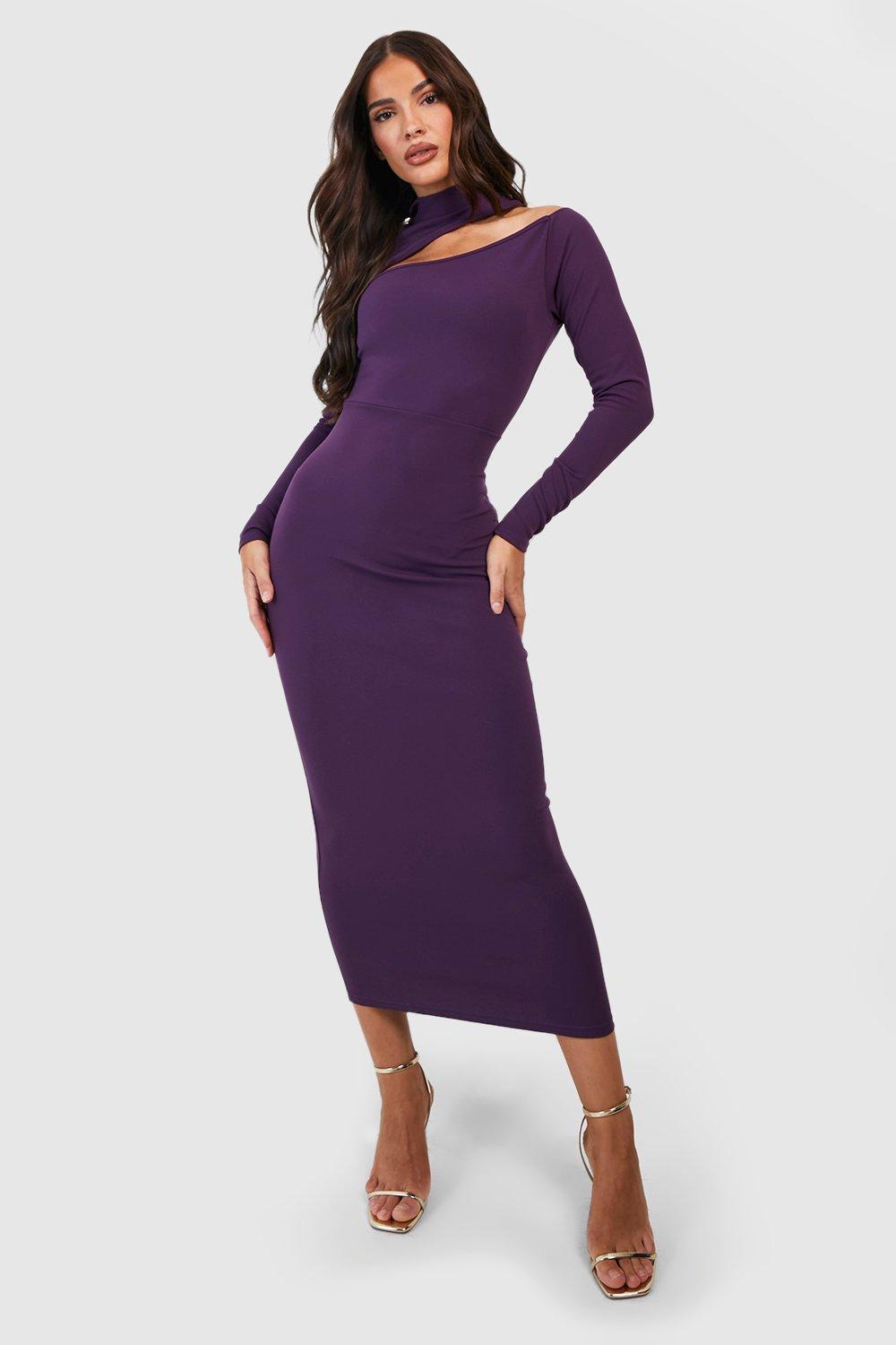 Womens Roll Neck Cut Out Midaxi Dress - Purple - 16, Purple