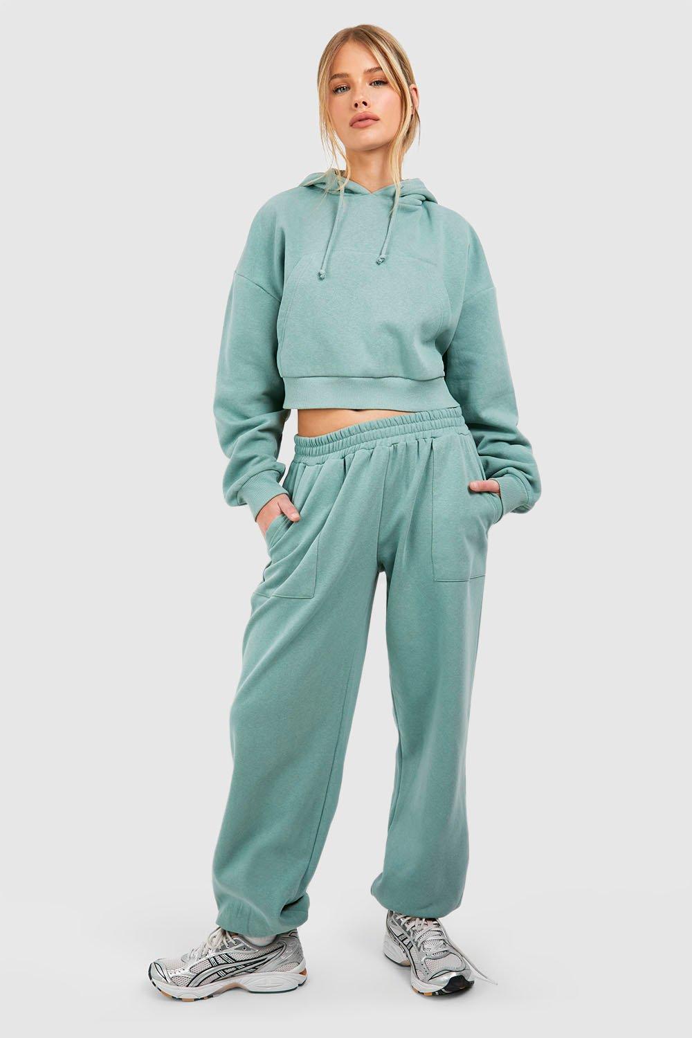 Womens Cropped Kangaroo Pocket Hooded Tracksuit - Green - Xl, Green