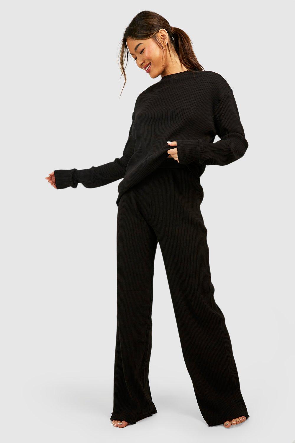 Womens Rib Wide Leg Trouser - Black - 16, Black