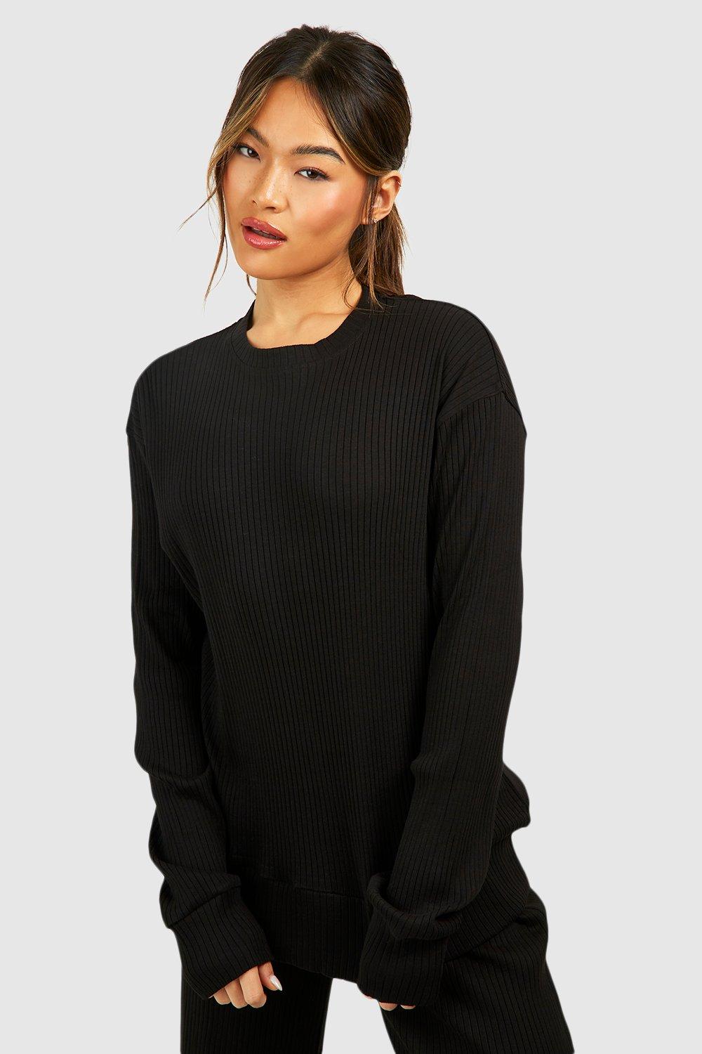 Womens Oversized Long Sleeve Rib T Shirt - Black - 14, Black