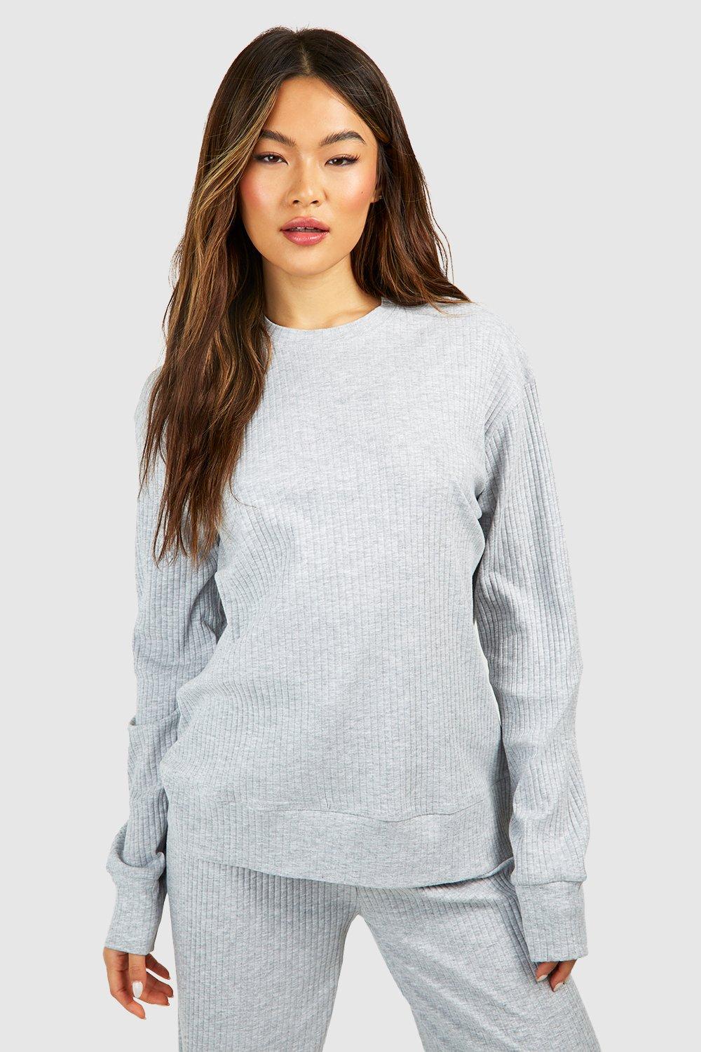 Image of T-shirt oversize a maniche lunghe a coste, Grigio