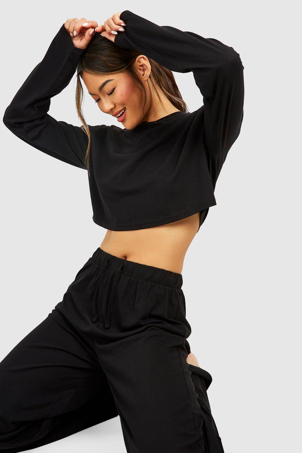 Womens Cropped Long Sleeve Top - Black - 12, Black