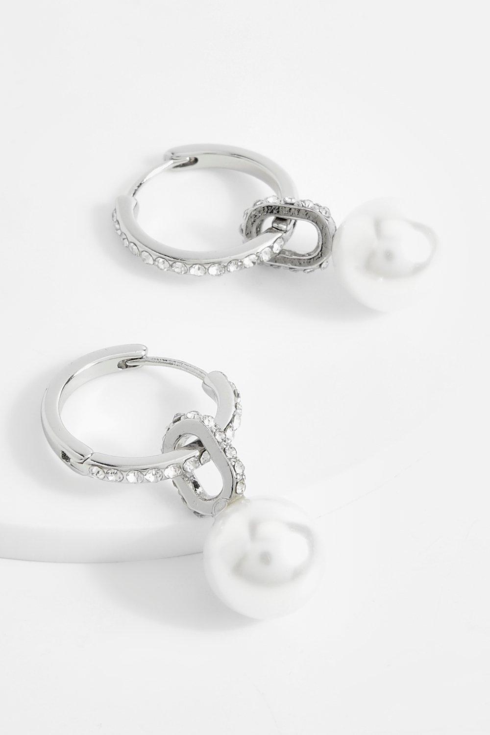 Womens Pearl Drop Diamante Hoop Earrings - Grey - One Size, Grey