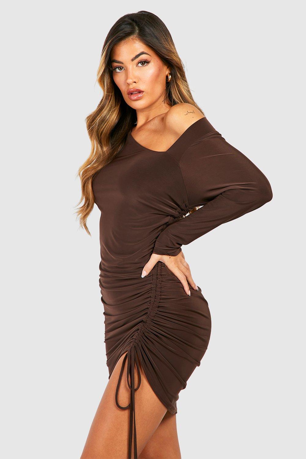 Womens Double Slinky Rouched Asymmetric Midaxi Dress - Brown - 18, Brown