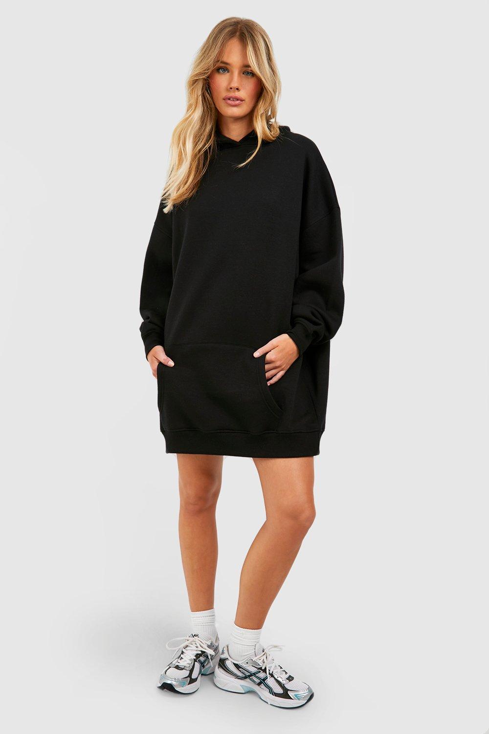 Womens Super Oversized Hoody Sweat Dress - Black - 8, Black