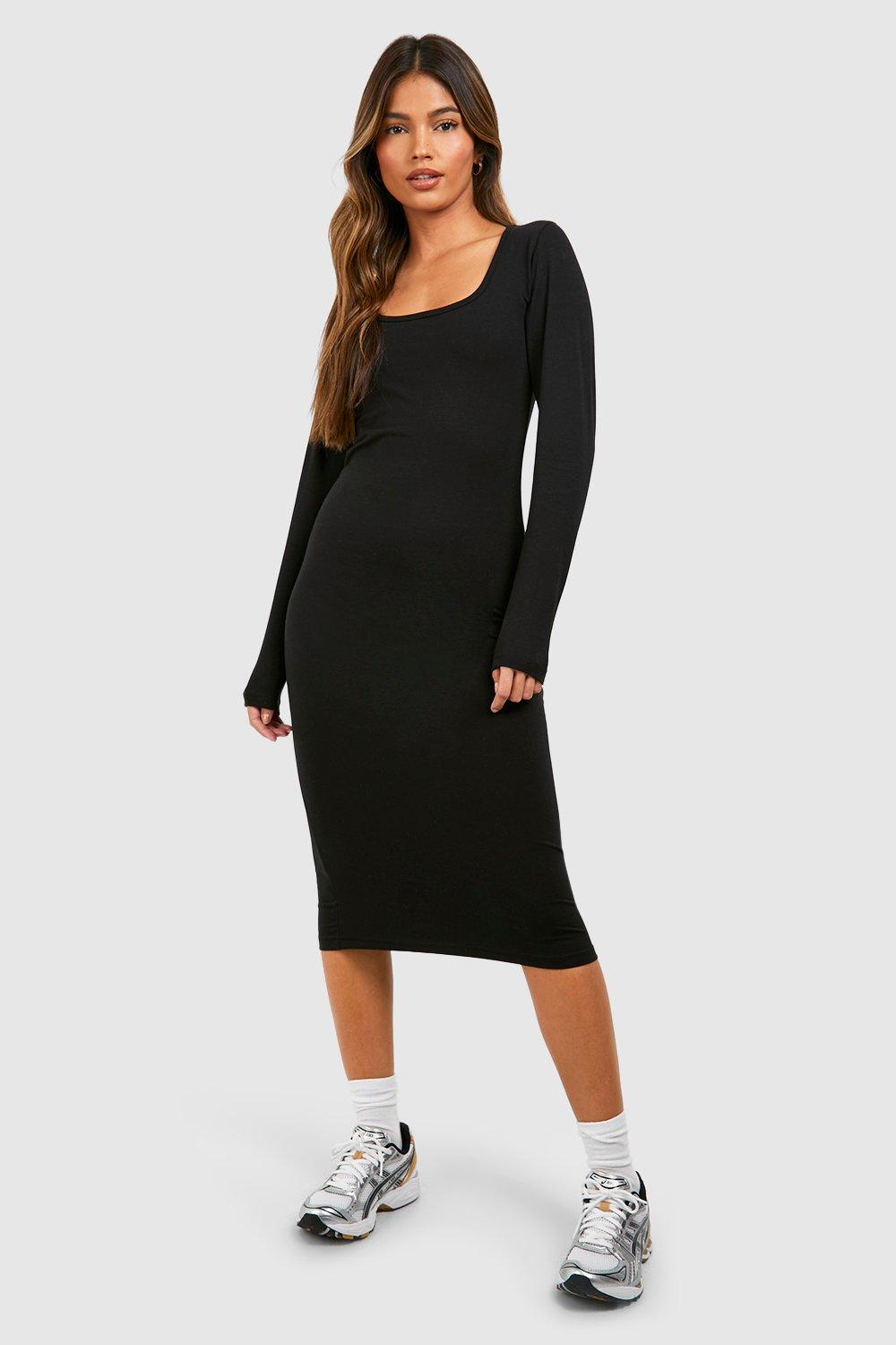 Boohoo Katoenen Midi Jurk Met Vierkante Hals, Black