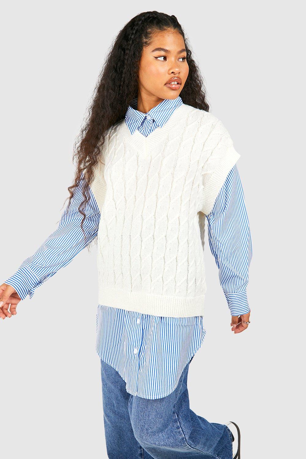 Image of Camicia Petite in maglia intrecciata con finto doppio livello, Azzurro