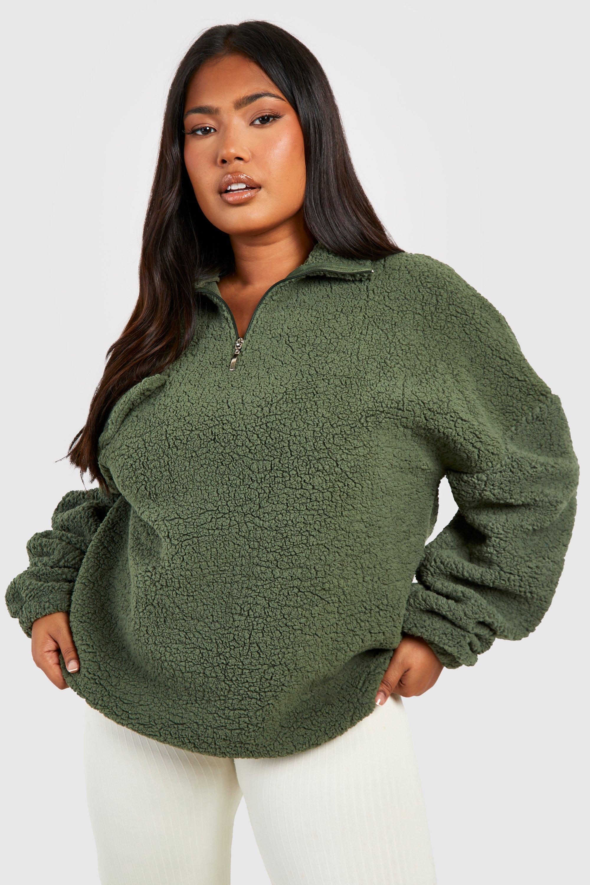 Image of Felpa Plus Size in pile borg con tasche e zip corta, Verde