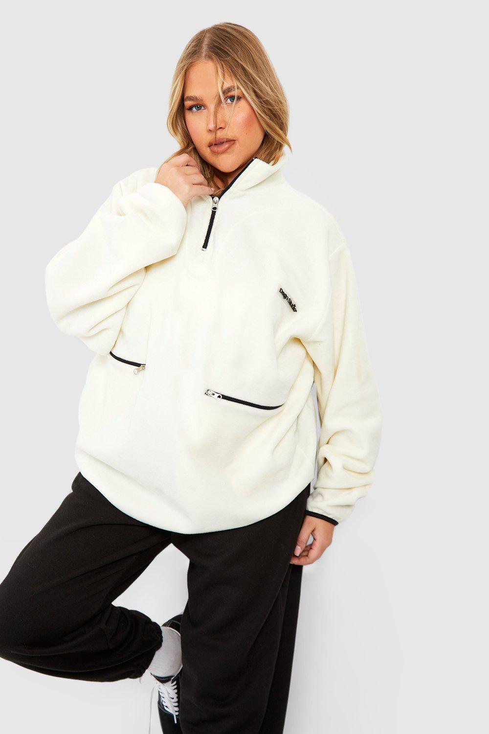 Image of Felpa Plus Size oversize in fleece polare a contrasto con zip corta, Bianco