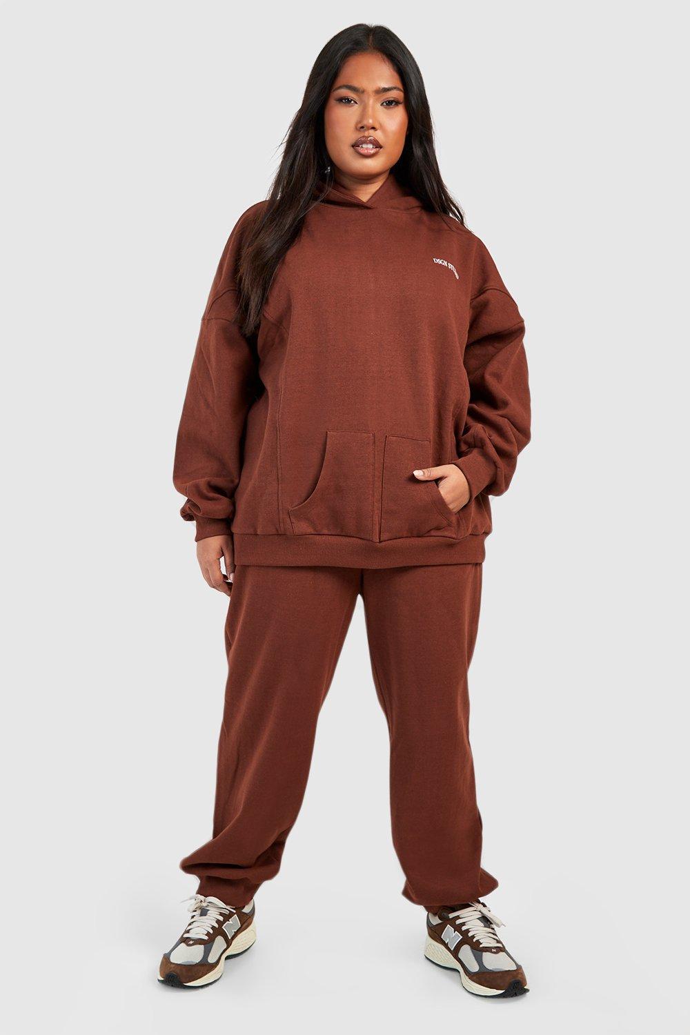 Womens Plus Dsgn Studio Double Pocket Oversized Hooded Tracksuit - Brown - 22, Brown