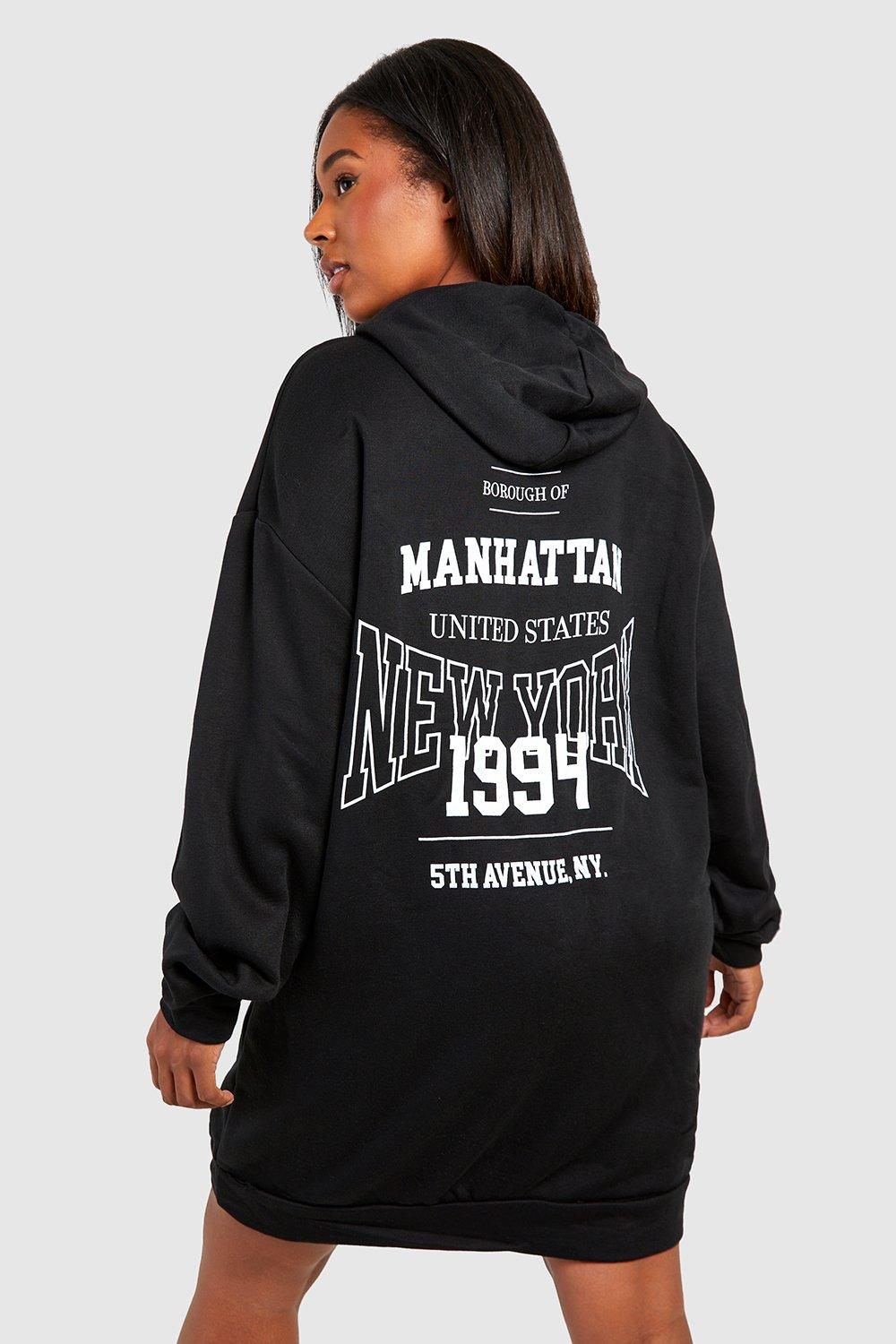 Womens Plus New York Slogan Hooded Sweatshirt Dress - Black - 18, Black