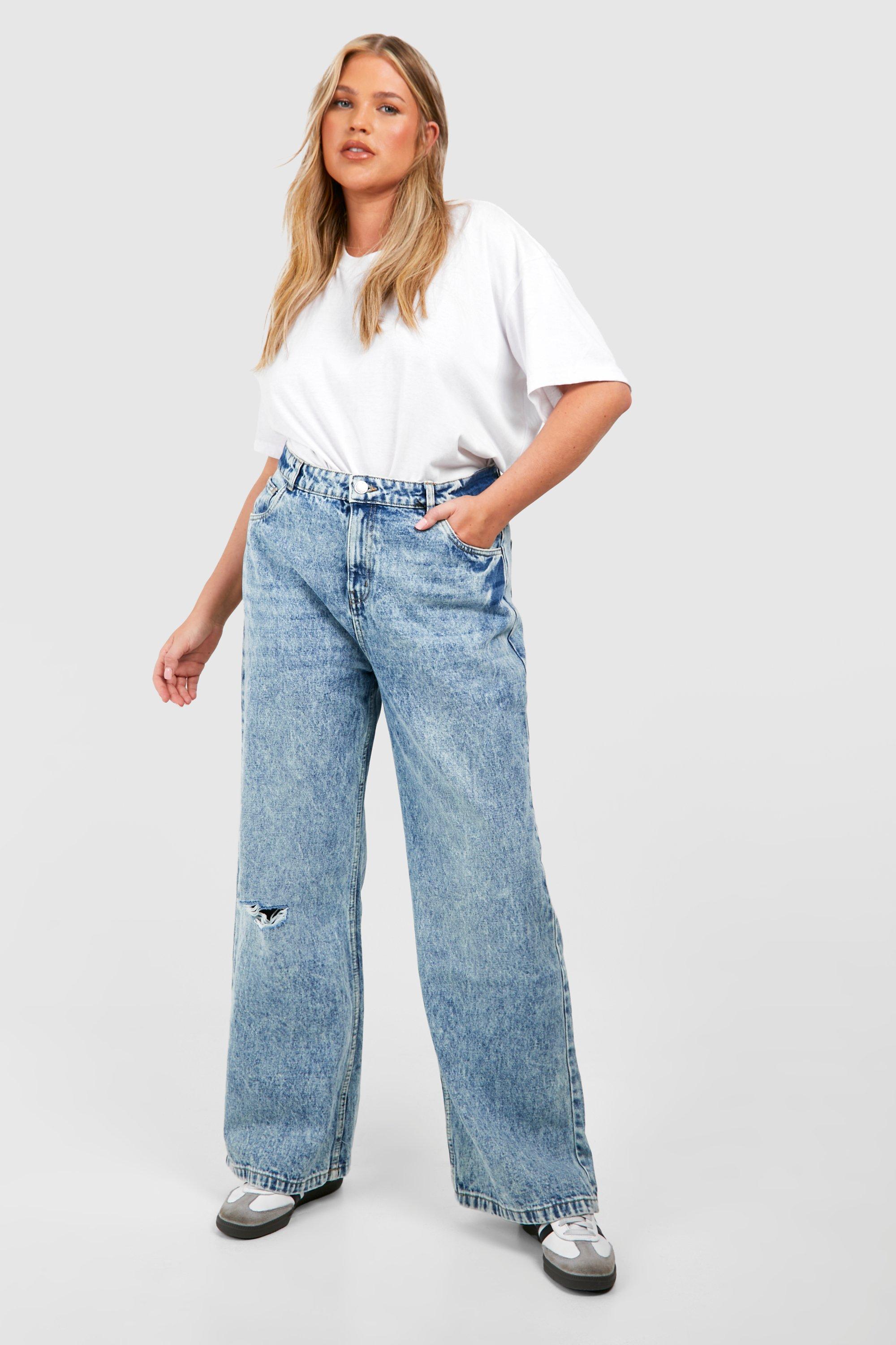 Image of Jeans dritti Plus Size in lavaggio vintage con strappi sul ginocchio, Azzurro