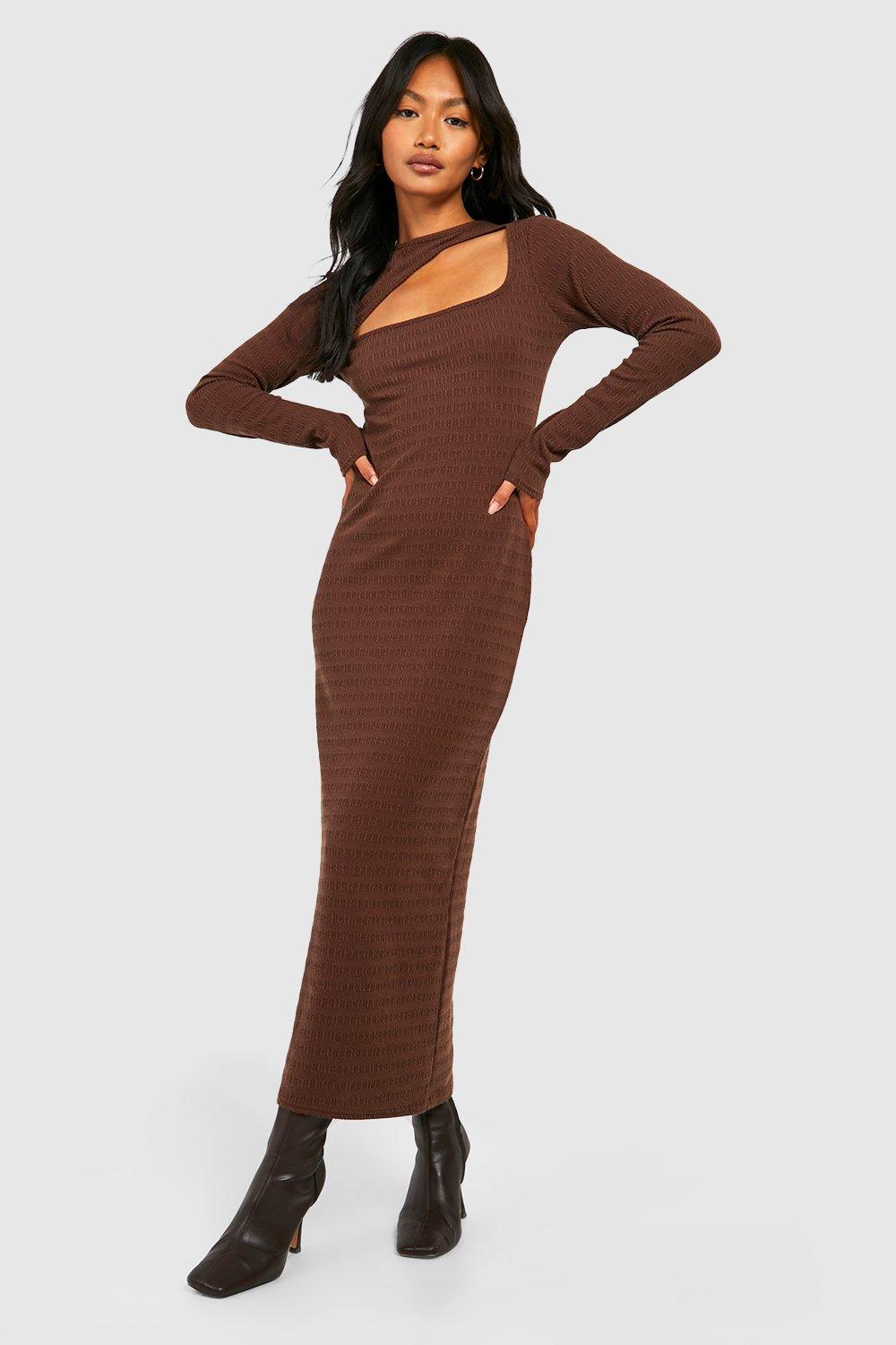 Womens Soft Crinkle Texture Cut Out Midaxi Dress - Brown - 14, Brown