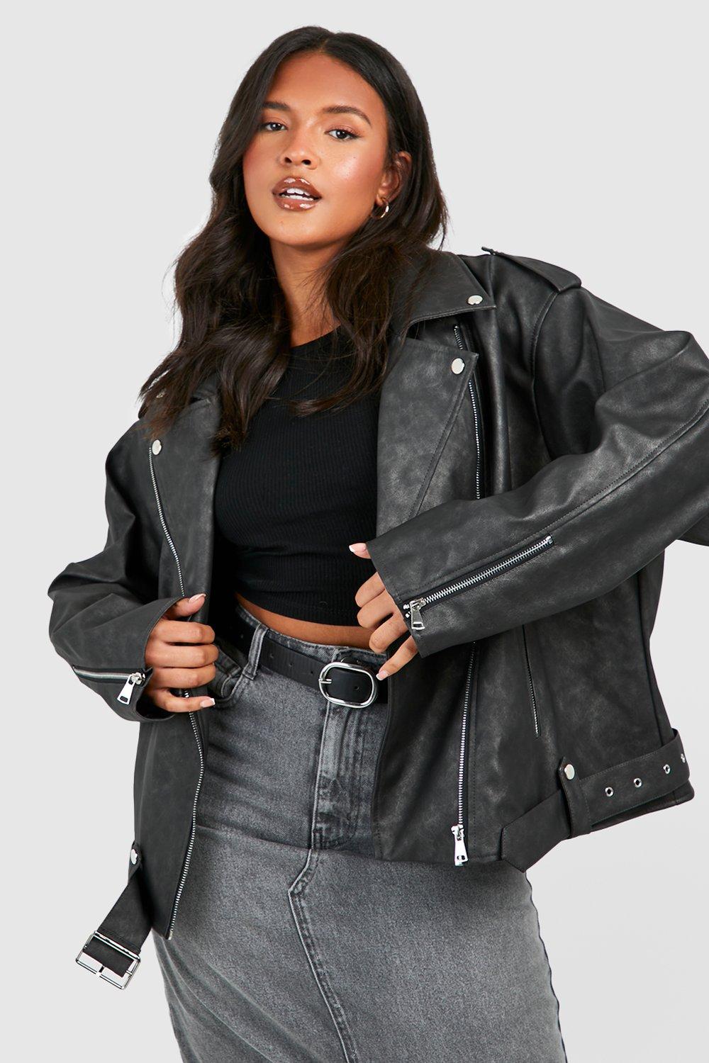 Image of Giacca da Biker Plus Size oversize in PU in lavaggio vintage, Nero