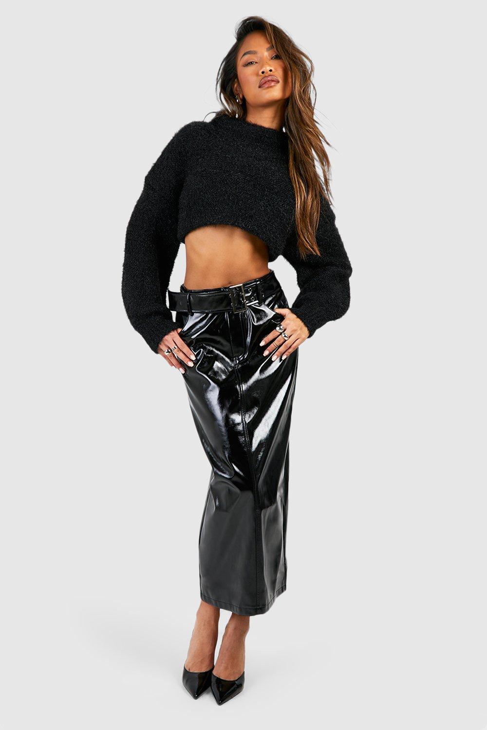 Boohoo Premium Vinyl Midaxi Rok Met Ceintuur, Black