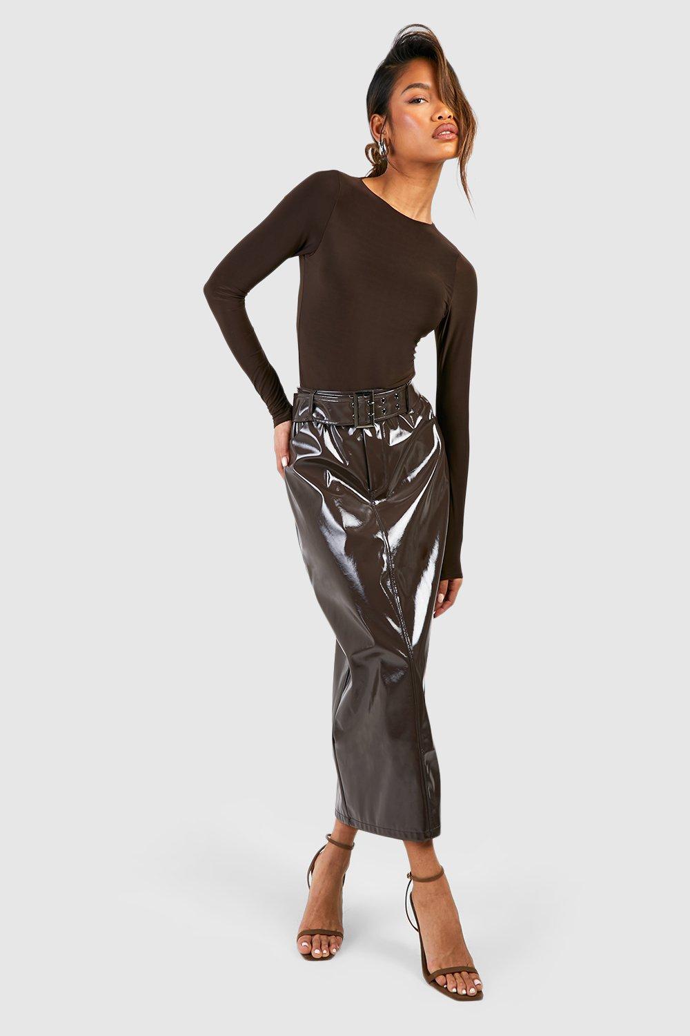 Boohoo Premium Vinyl Midaxi Rok Met Ceintuur, Chocolate